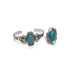 Silver Cuff Bracelet & Faux Turquoise Stretch Ring Set Bohemian Western